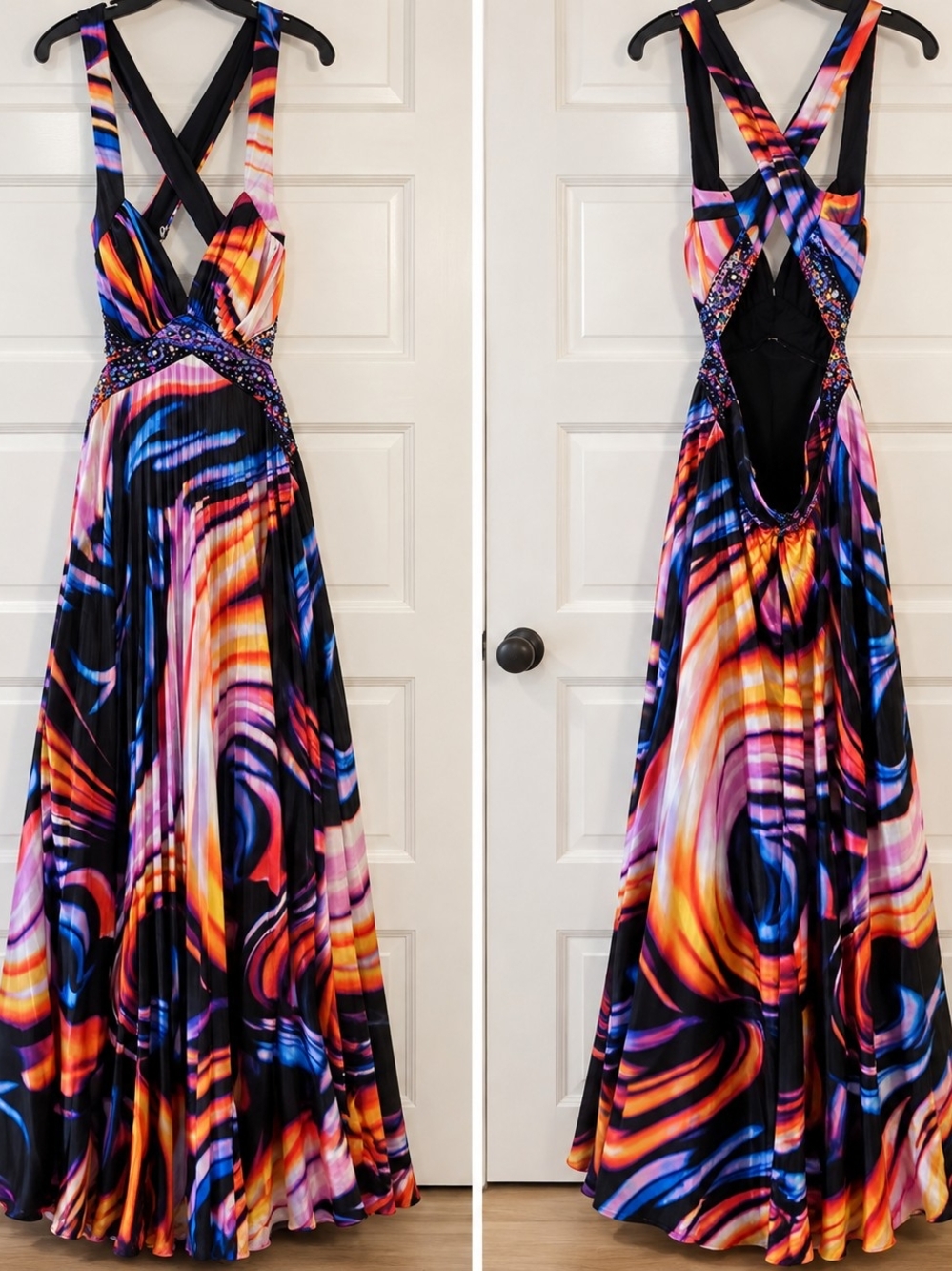 Deb Multicolor Abstract Maxi Dress Open Back Embellished 9/10